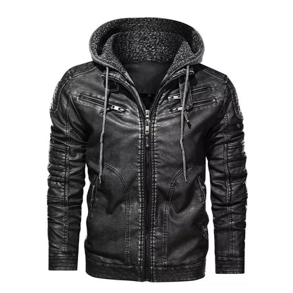 Men’s Stand Collar PU Leather Motorcycle Jacket with Detachable Hood