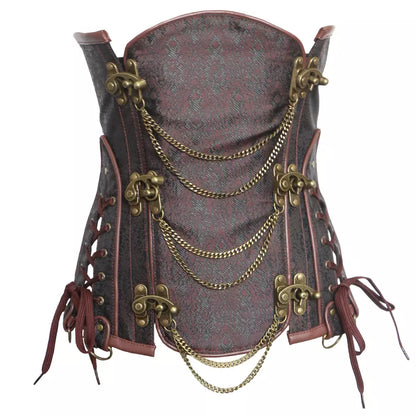 Gothic Overbust Corset with Leather Trim and Brass Chains