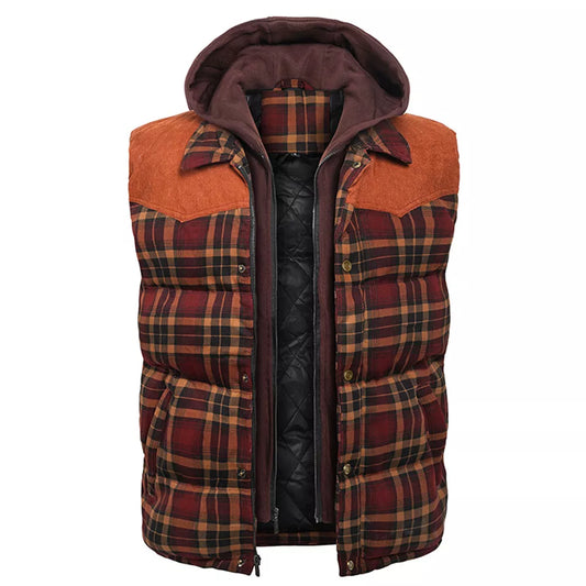 Men's Hooded Cotton Vest with Scottish Plaid Thick Sleeveless Vest