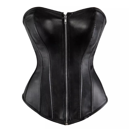 Steampunk Corset Leather Overbust Corset Top with Lace-Up Back and Zipper Front