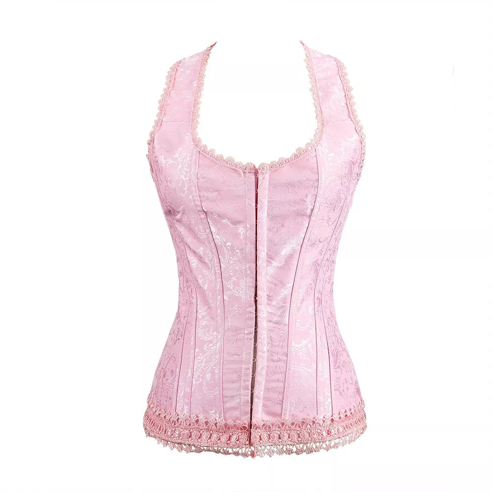 Lace Pink Corset with Halter Straps and Lace-Up Back