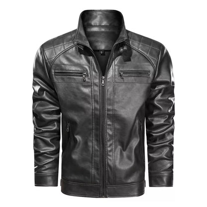 Men's Stand Collar Faux Leather Motorcycle Jacket with Zippered Pockets