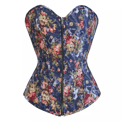 Charming Floral Overbust Corset with Front Zipper and Lace-Up Back