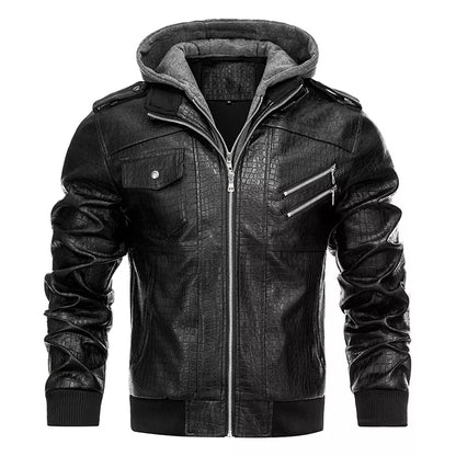 Men's Fashion Stand Collar Faux Leather Bomber Jacket with Detachable Hood