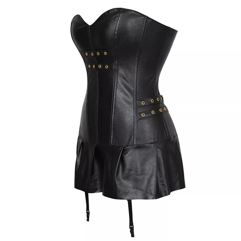 Steampunk Corset Dress with Gold Eyelets and Garters