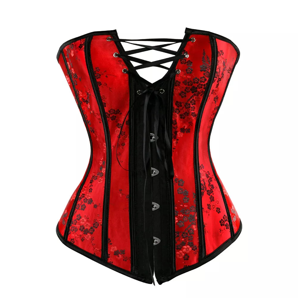 Striking Floral Jacquard Overbust Corset with Lace-Up Detailing