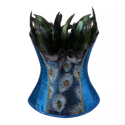 Satin Overbust Corset with Peacock Feather Embroidery and Lace-Up Back