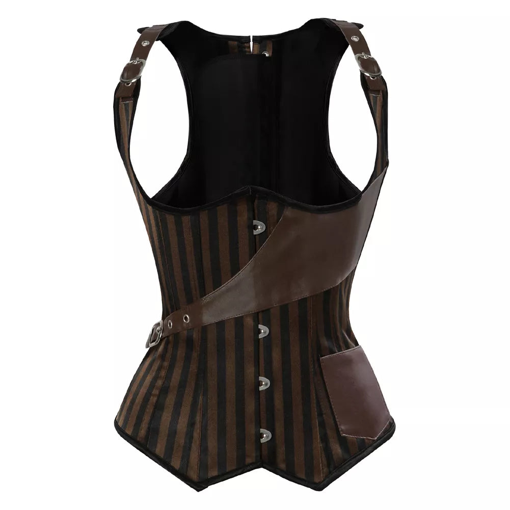 Steampunk Striped Underbust Corset with Leather Straps and Buckles