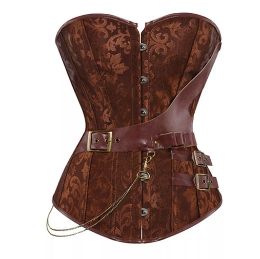 Steampunk Overbust Corset with Leather Belts and Chain Detailing