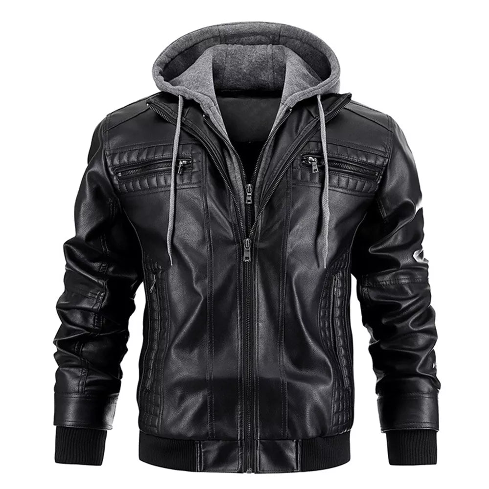 Men's Removable Hood PU Faux Leather Jacket