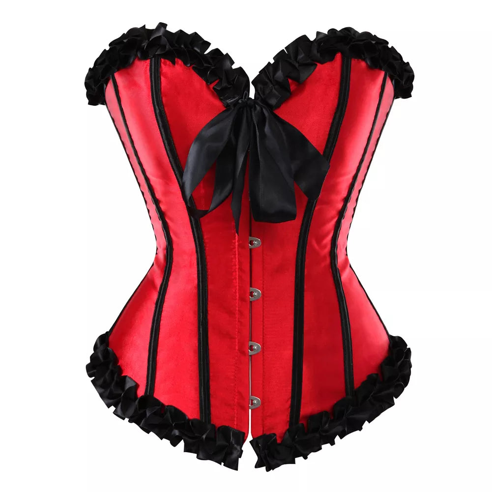 Laceing Overbust Corset Top with Black Ruffled Trim and Steel Boning