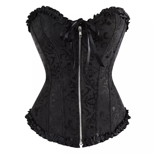 Lace Corset with Zipper Closure and Ruffle Trim