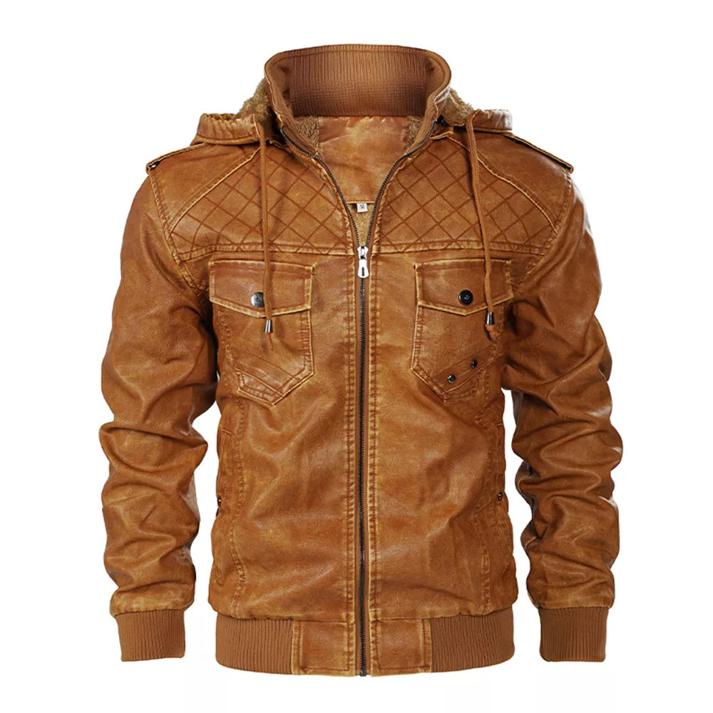 Men's Sleek Stand Collar PU Leather Bomber Jacket with Detachable Hood