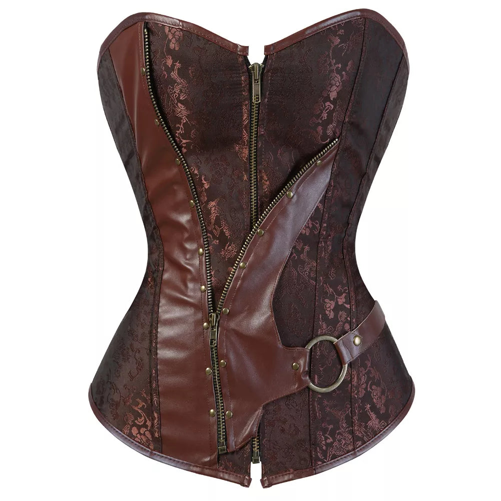 Steampunk Brown Brocade Overbust Corset with Zipper and Leather Straps