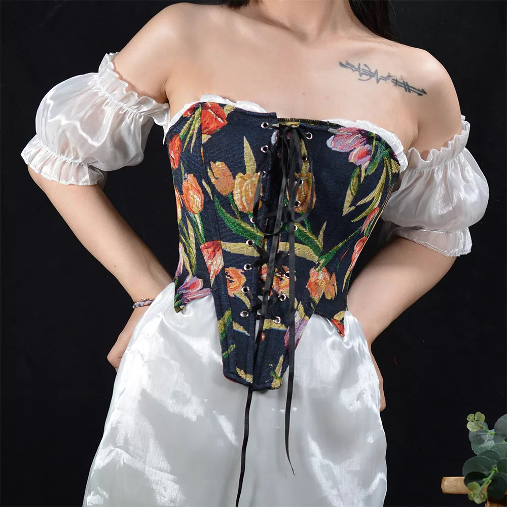 Renaissance Style Jacquard Tulip Boned Corset with Front Lace-Up