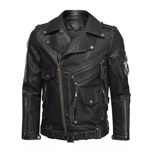 Men's Stand Collar Faux Leather Motorcycle Jacket with Zip Pockets