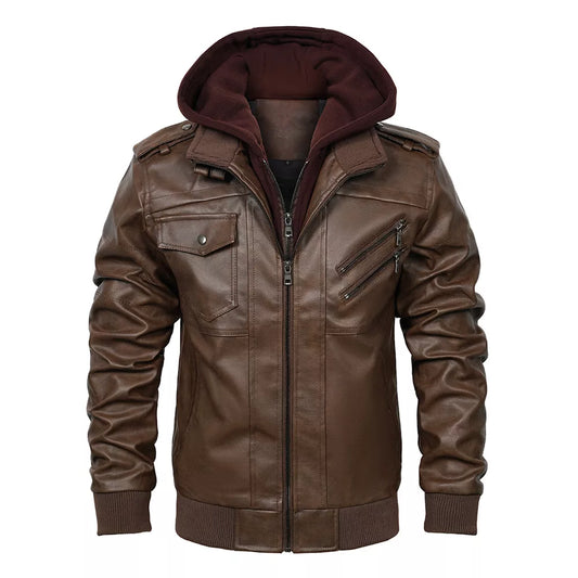 Men's PU Leather Bomber Jacket with Detachable Hood