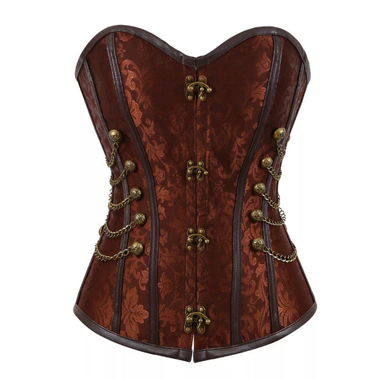 Gothic Jacquard Overbust Corset with Antique Brass Chains and Clasps