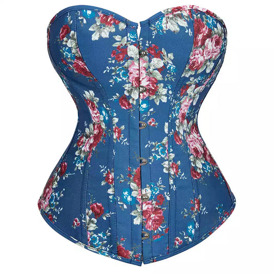 Vintage Floral Overbust Corset with Lace-Up Back and Steel Boning