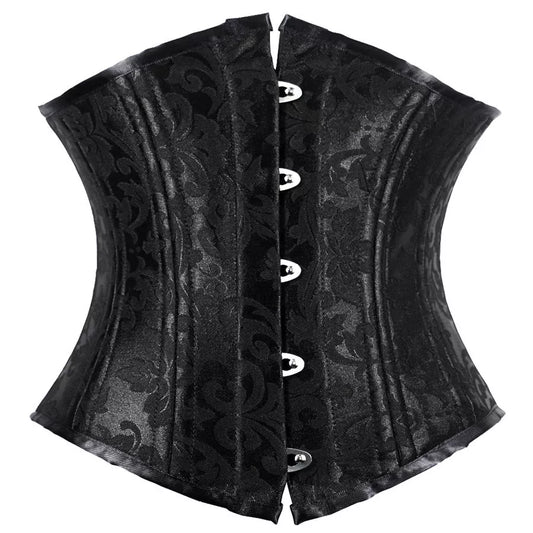 Black Brocade Underbust Corset with Steel Boning and Lace-Up Back