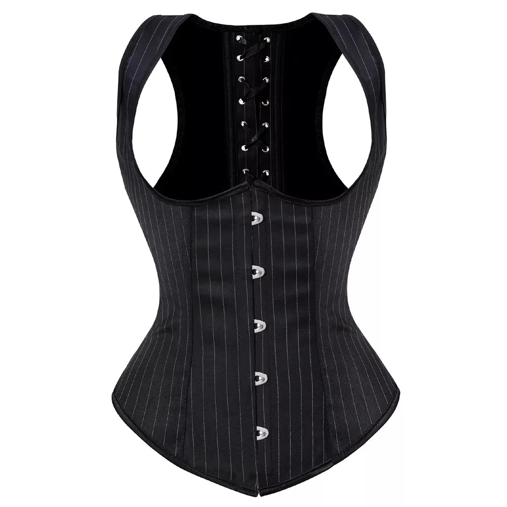 Black Pinstripe Underbust Corset with Shoulder Straps and Lace-Up Back