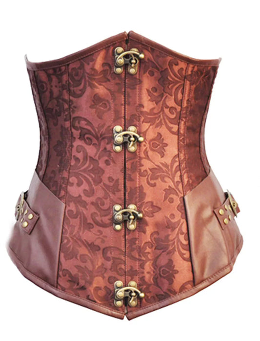 Vintage Steampunk Underbust Corset with Leather Panels and Brass Clasps