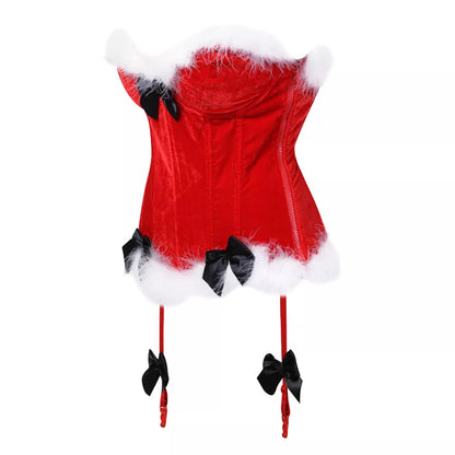 Festive Red Velvet Corset with White Fur Trim and Black Bows