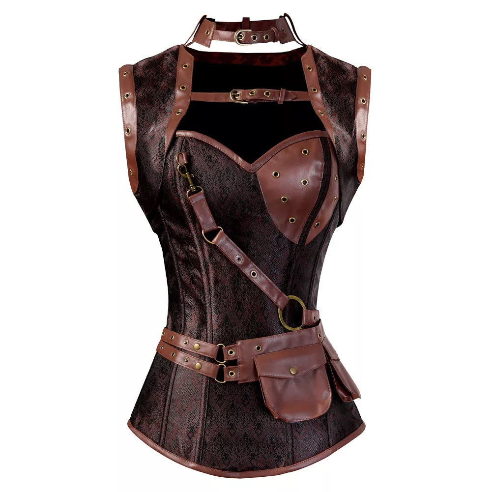 Gothic Corset Overbust Corset with Leather Harness and Pouch