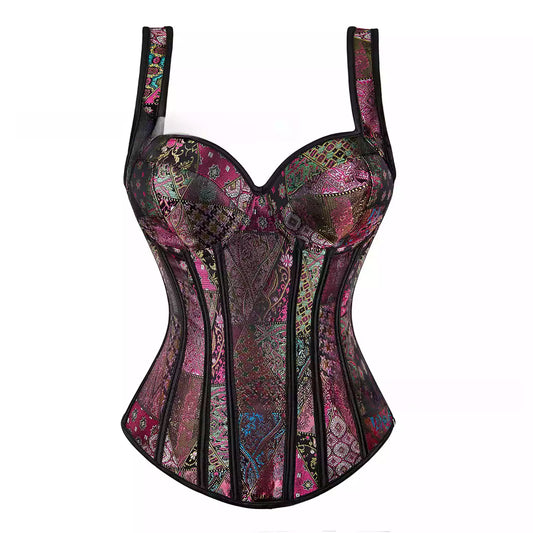 Gothic Jacquard Overbust Corset with Shoulder Straps and Steel Boning