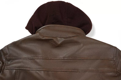 Men's PU Leather Bomber Jacket with Detachable Hood