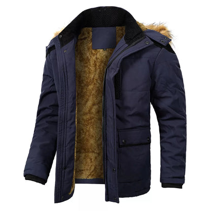 Men's Parka Jacket Hooded Cotton Jacket with Oversized Fur Collar