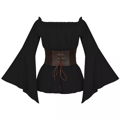 Women's Medieval Long Sleeve Shirt Renaissance Corset Top Halloween Cosplay Outfit