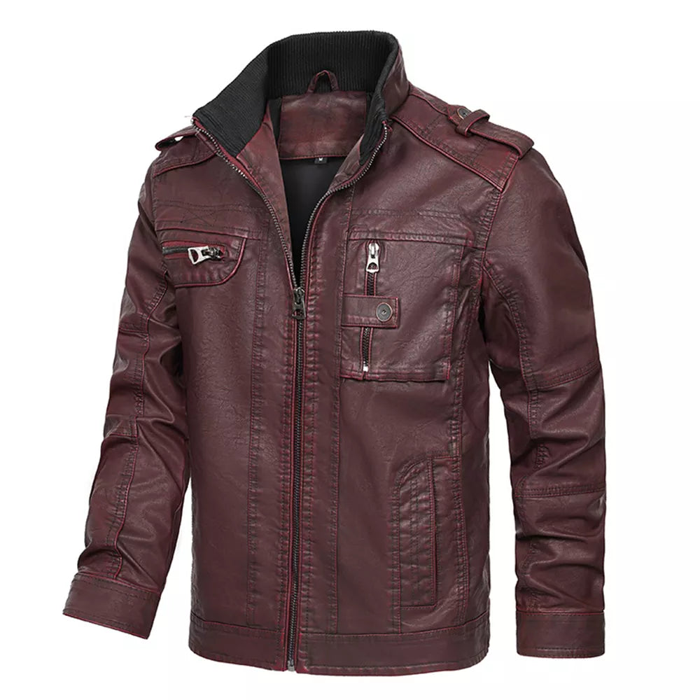 Men's Motorcycle PU Leather Jacket with Distressed Wash and Stand Collar