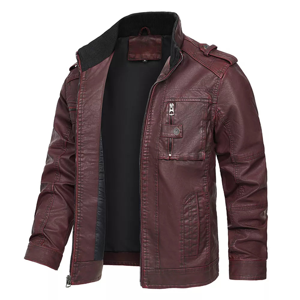 Men's Motorcycle PU Leather Jacket with Distressed Wash and Stand Collar