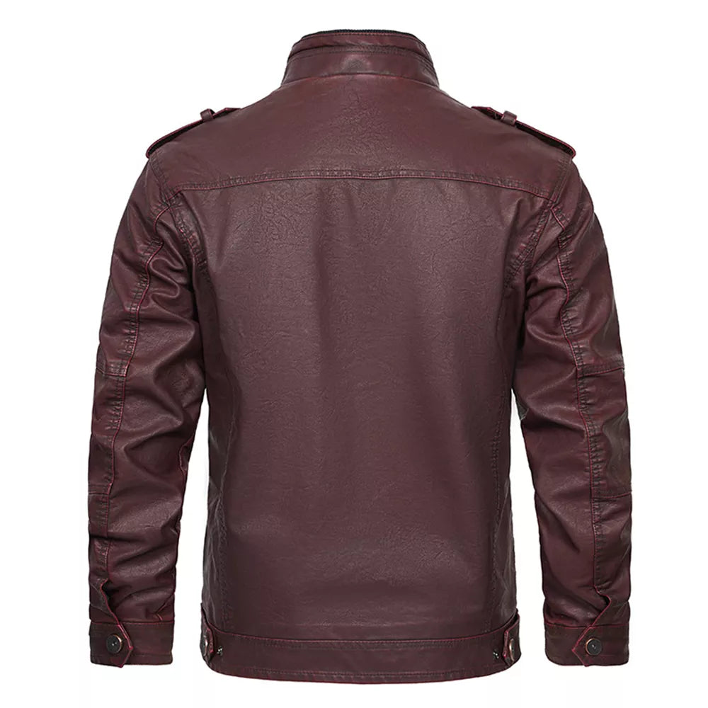 Men's Motorcycle PU Leather Jacket with Distressed Wash and Stand Collar