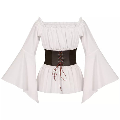 Women's Medieval Long Sleeve Shirt Renaissance Corset Top Halloween Cosplay Outfit