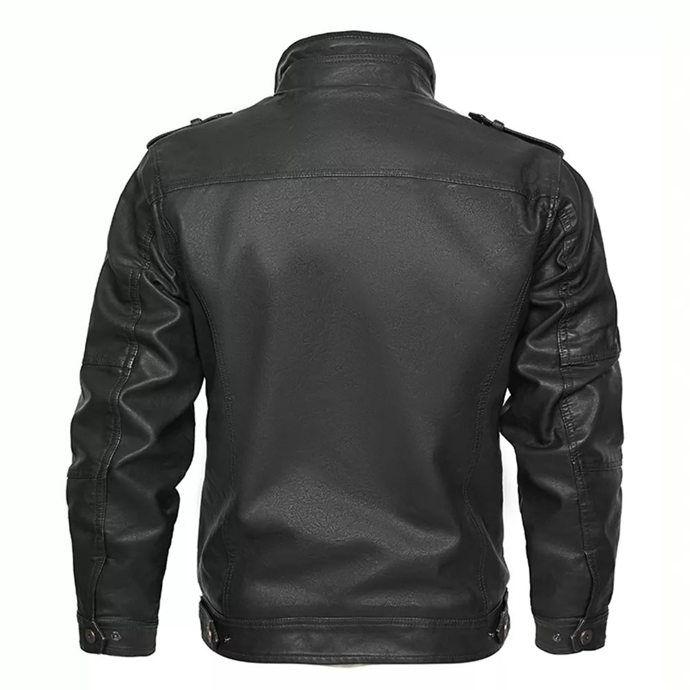 Men's Motorcycle PU Leather Jacket with Distressed Wash and Stand Collar