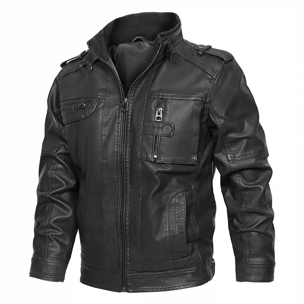 Men's Motorcycle PU Leather Jacket with Distressed Wash and Stand Collar