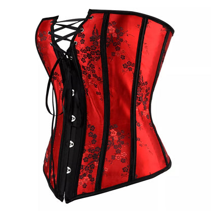 Striking Floral Jacquard Overbust Corset with Lace-Up Detailing