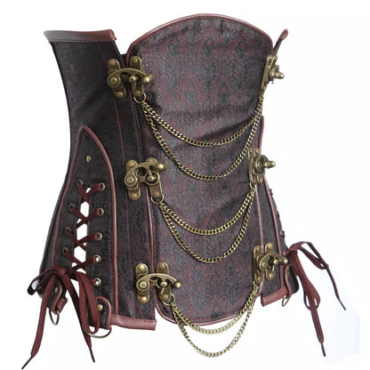 Gothic Overbust Corset with Leather Trim and Brass Chains