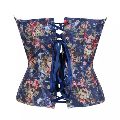 Charming Floral Overbust Corset with Front Zipper and Lace-Up Back