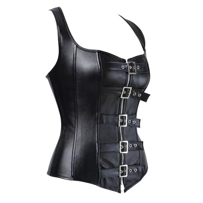 Steampunk Black Faux Leather Underbust Corset with Buckle Straps and Front Zipper