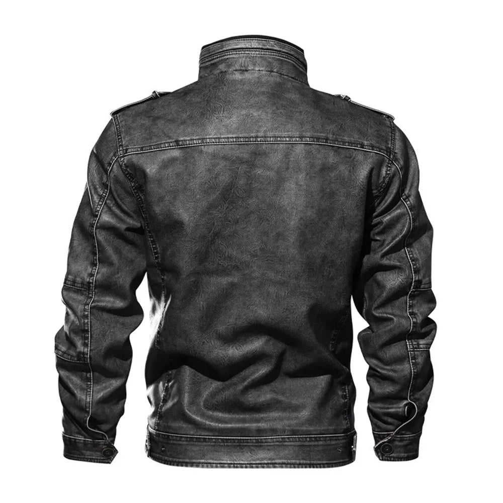 Men's Motorcycle PU Leather Jacket with Distressed Wash and Stand Collar