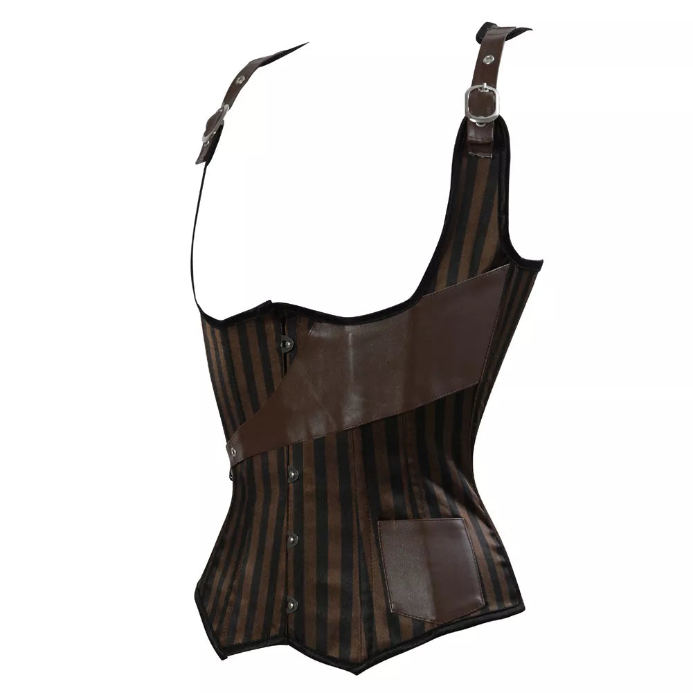 Steampunk Striped Underbust Corset with Leather Straps and Buckles