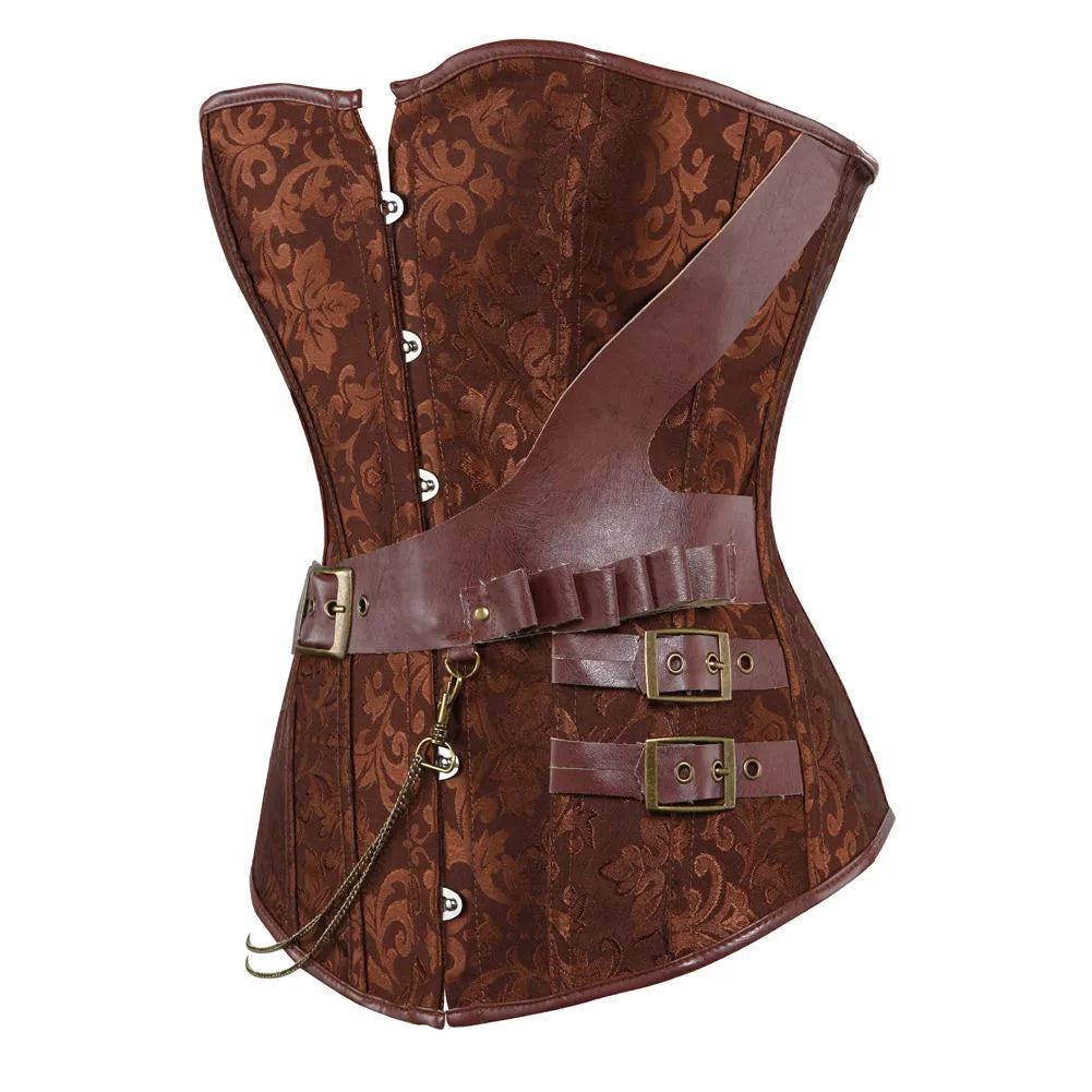 Steampunk Overbust Corset with Leather Belts and Chain Detailing