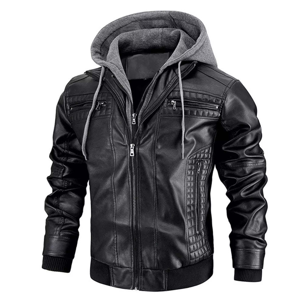 Men's Removable Hood PU Faux Leather Jacket