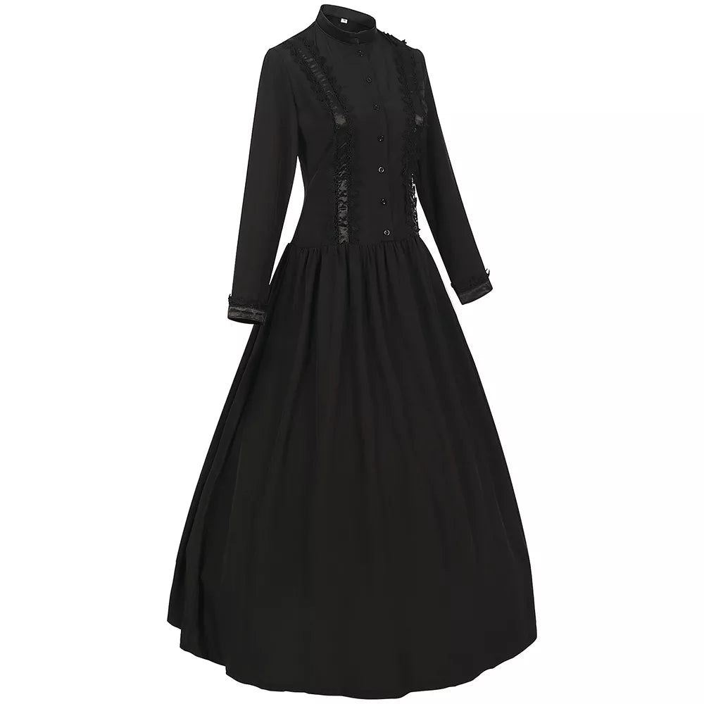 Women's Halloween Medieval Gown Vintage Long Dress with Stand Collar and Flared Hem