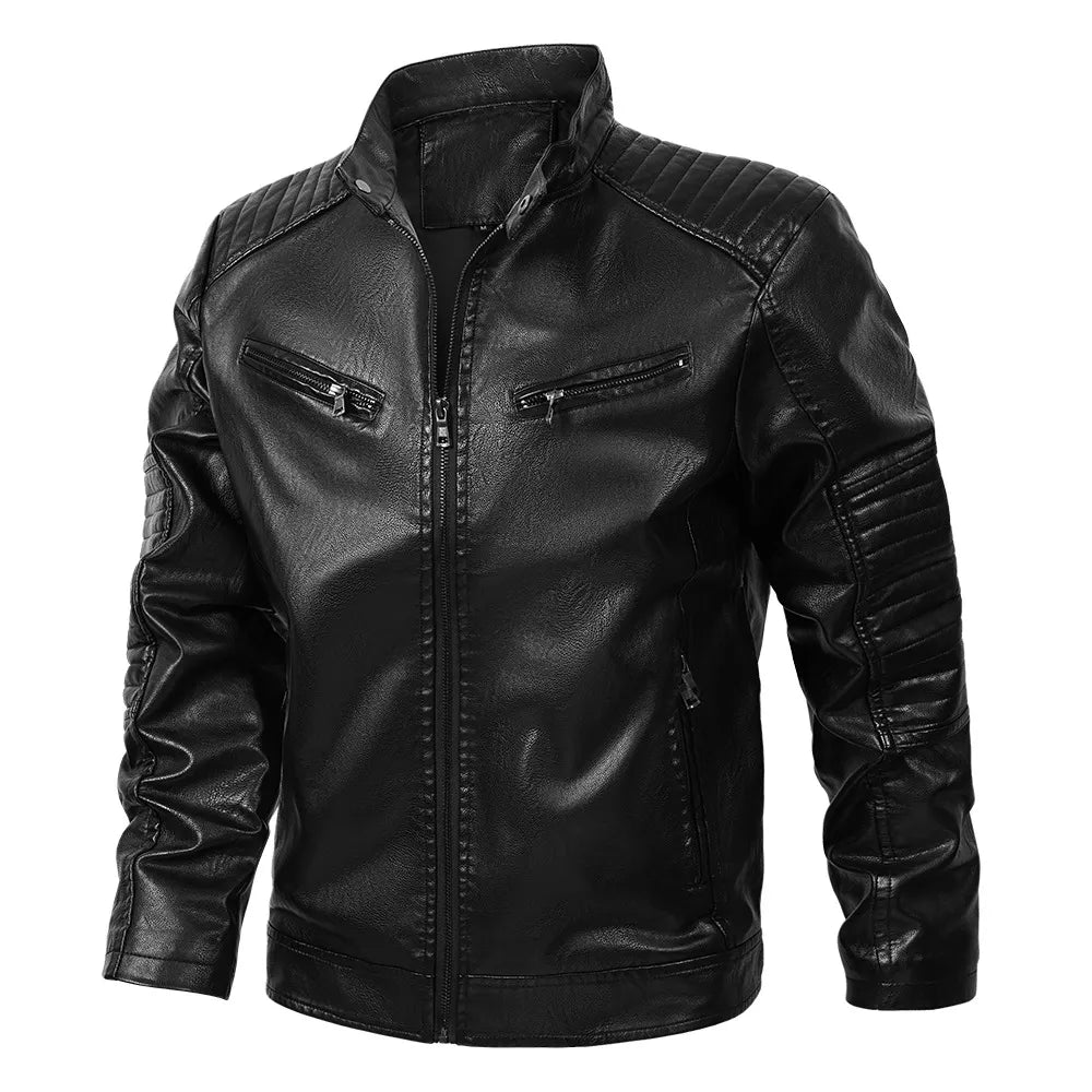 Men’s Stand Collar Leather Jacket Casual Faux Leather Motorcycle Jacket Outerwear Coat with Zipper Pockets