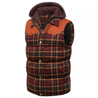 Men's Hooded Cotton Vest with Scottish Plaid Thick Sleeveless Vest