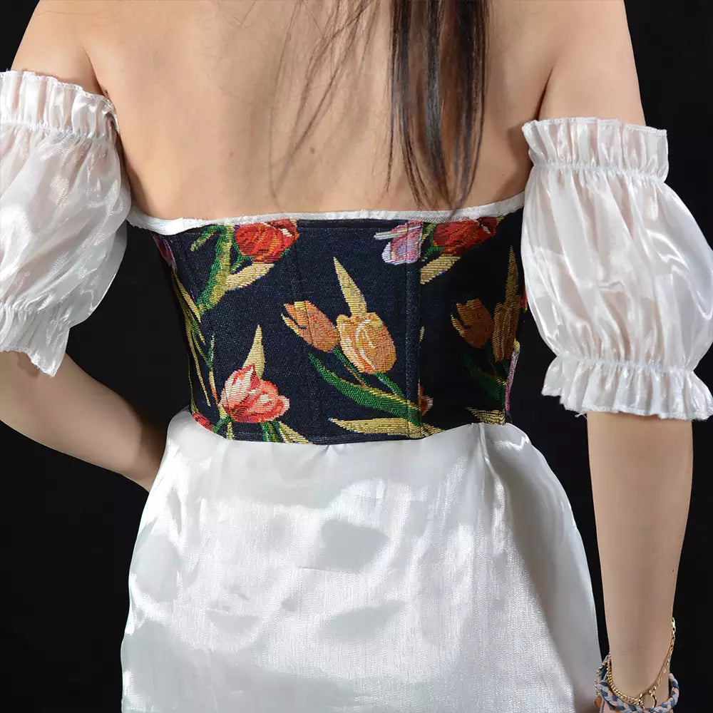 Renaissance Style Jacquard Tulip Boned Corset with Front Lace-Up